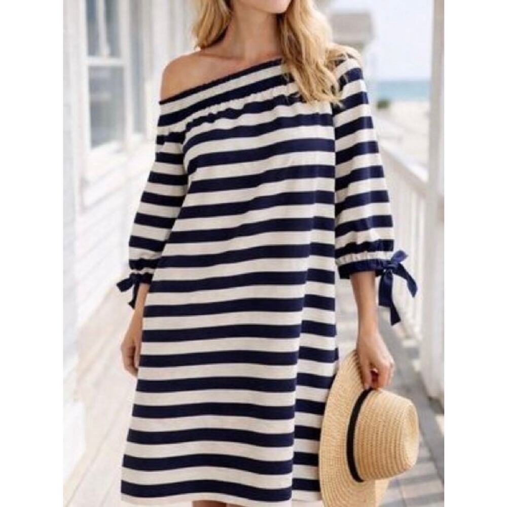JCrew Stripe Off Shoulder Quarter Sleeve Tied Cuffs Mini Shift Dress Navy Ivory - Picture 2 of 9